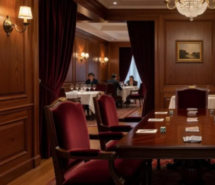 Sophisticated card salon interior with timber tables and soft lighting