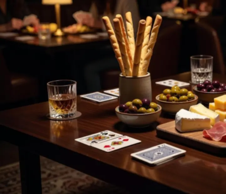 A refined snack platter set beside a card table in the Showdownsupper gaming lounge.