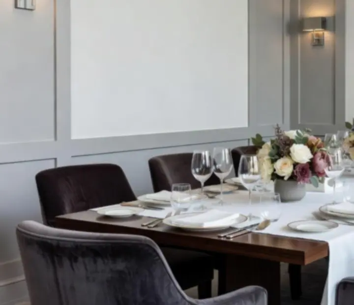 A refined private dining room at Showdownsupper prepared for an intimate evening event