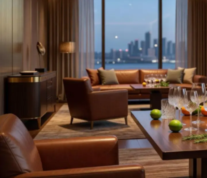 Private lounge mixology experience with cocktails and a card table