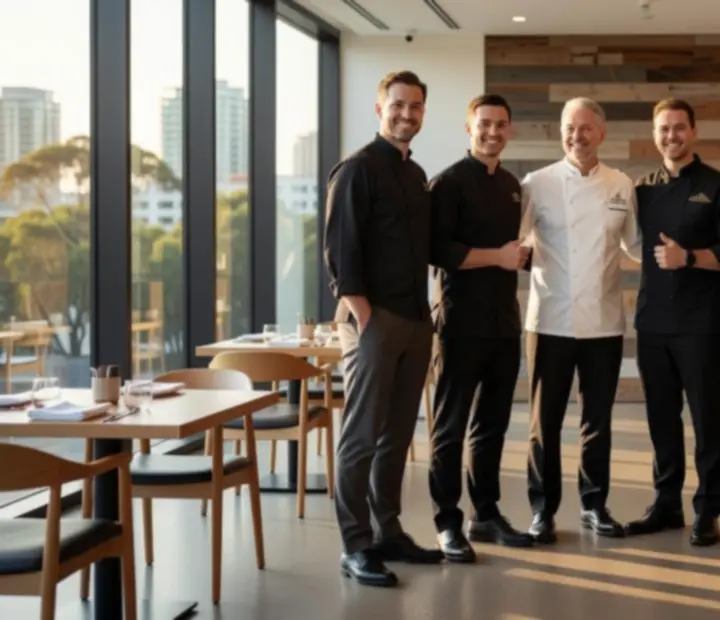 Showdownsupper team of chefs and hosts in the dining room