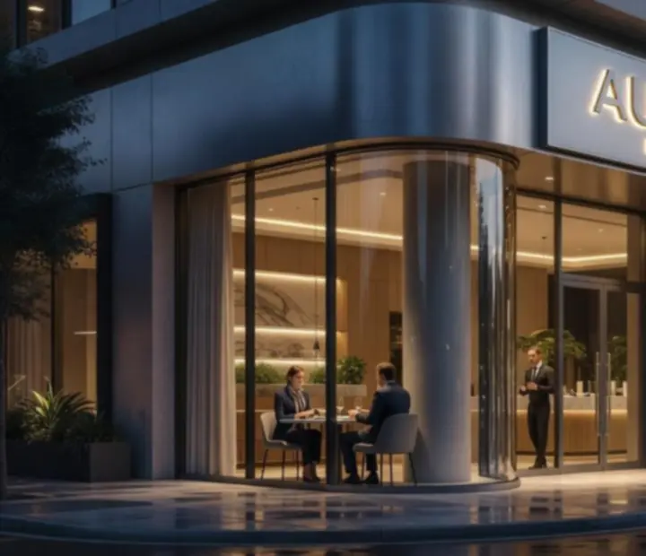 Night-time facade of Showdownsupper with glowing entrance in the city.